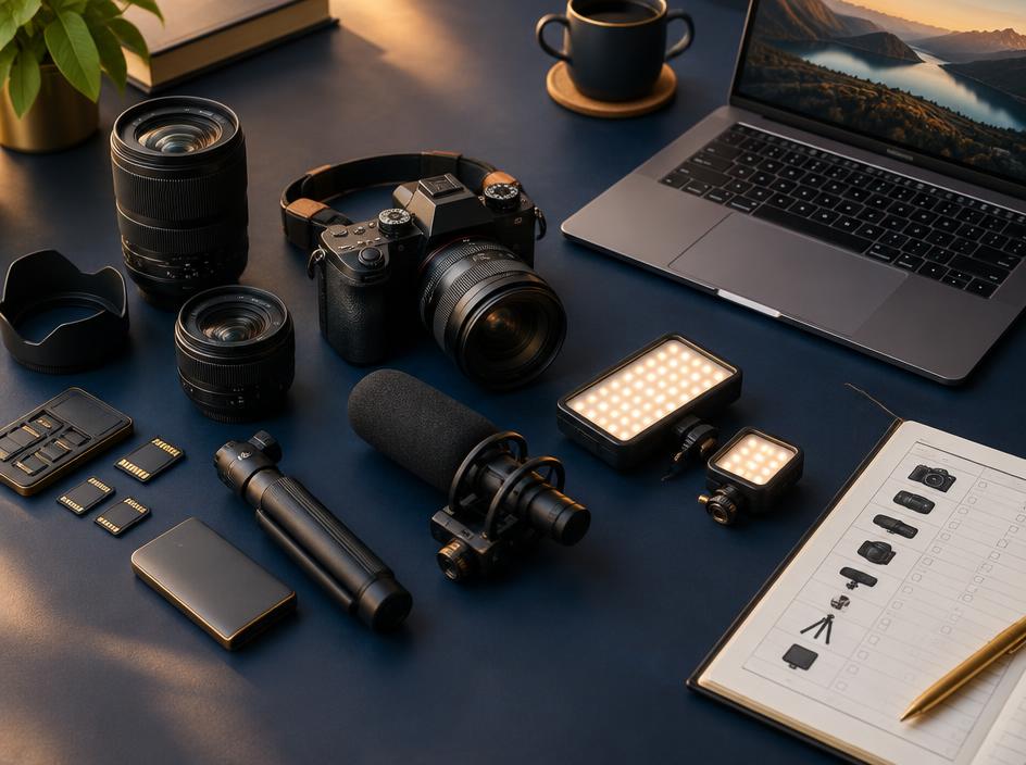 Organized camera, lighting, and audio production equipment