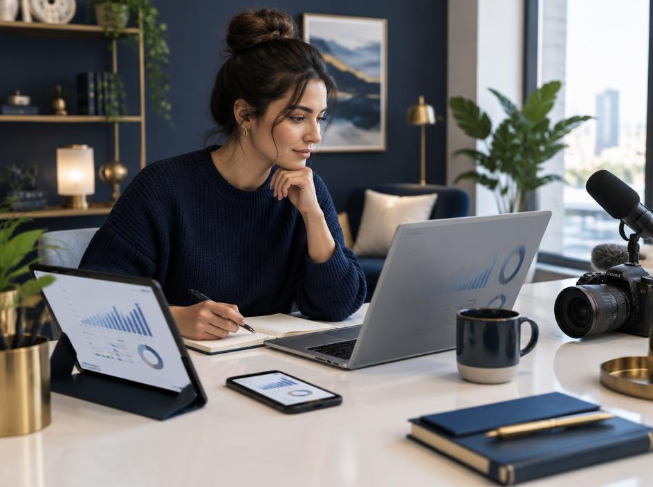 Content creator reviewing revenue across several devices