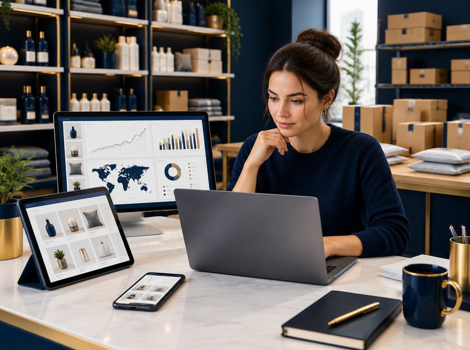 Online retailer reviewing sales across multiple storefronts