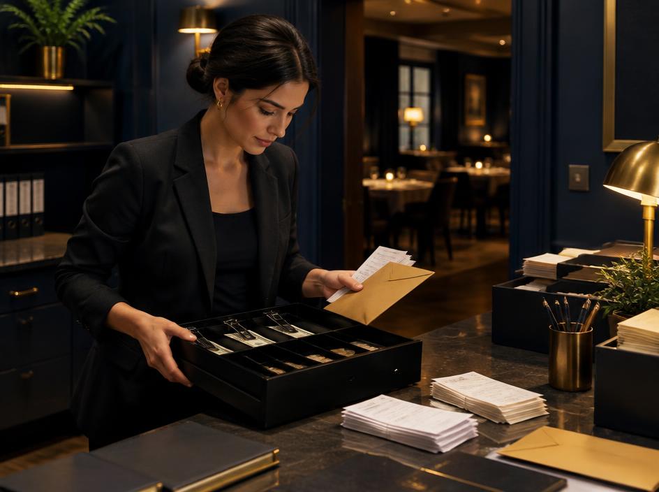 Closing manager balancing restaurant cash and receipts