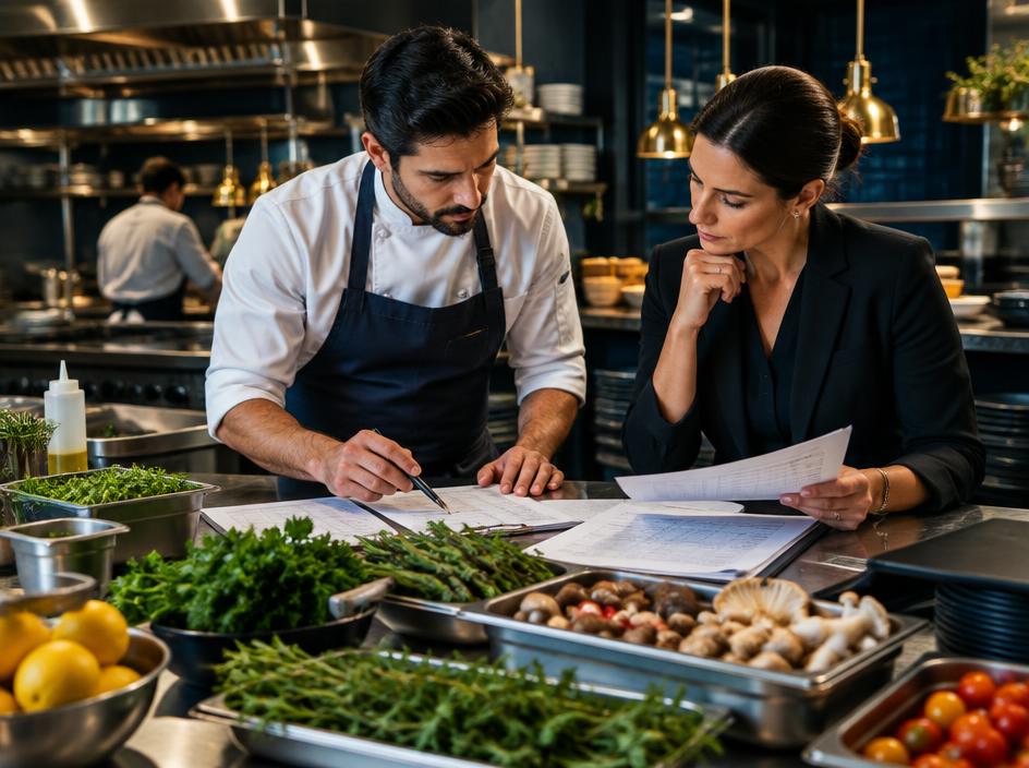 Chef and restaurant operator reviewing food costs