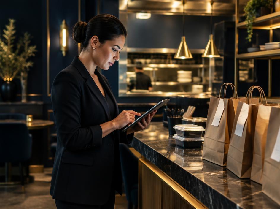 Restaurant manager reconciling delivery orders and payouts