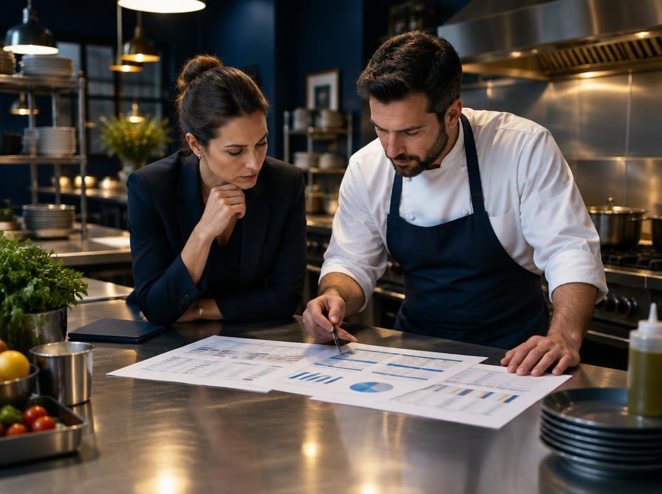 Restaurant operator and chef reviewing weekly prime costs