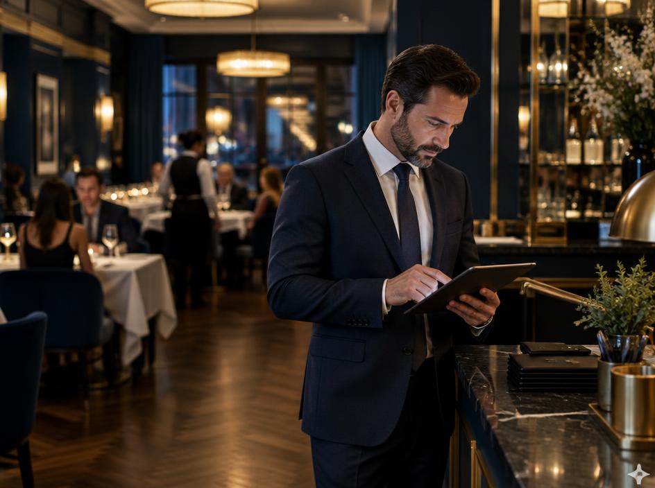 Restaurant manager reviewing daily point-of-sale totals
